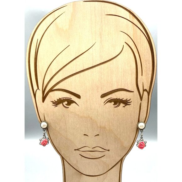 Coquette Vintage Rose Dangle Earrings, Faux Pearl in Silver Tone Drops - Picture 3 of 5